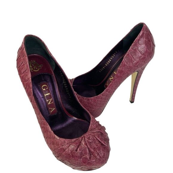 GINA 6 US ,python leather , maroon platform heels handmade - Picture 2 of 11